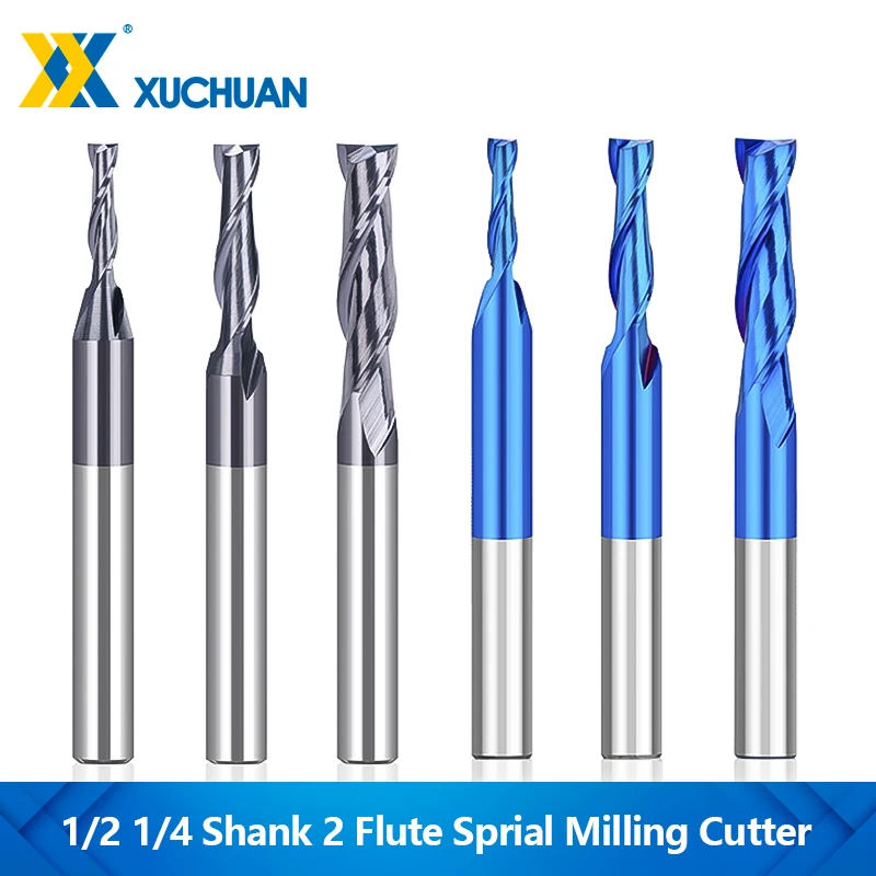 

1Pc 1/2 1/4 Shank 2 Flute Sprial Milling Cutter CNC Router Bit Nano Blue Coated Solid Carbide Flat End Mill for Wood MDF