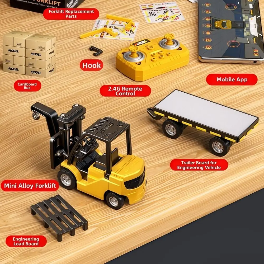 Mini carretilla elevadora con Control remoto de aleación, elevación inferior, sonido de coche Real, camión de Control remoto 1:64 2,4 GHz con todos los accesorios