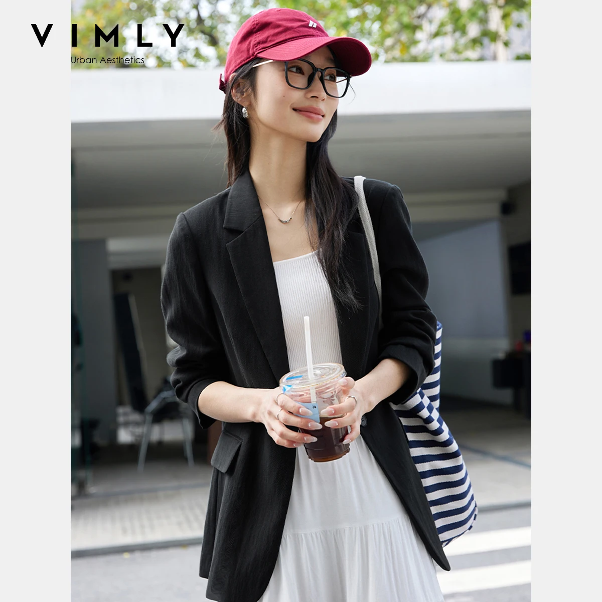 VIMLY المرأة سترة سوداء أنيقة سترة أنيقة تحمل شعار لعبة البيسبول 2025 ربيع الخريف مكتب ارتداء الراقية ملابس خارجية فضفاضة السيدات الملابس A0506