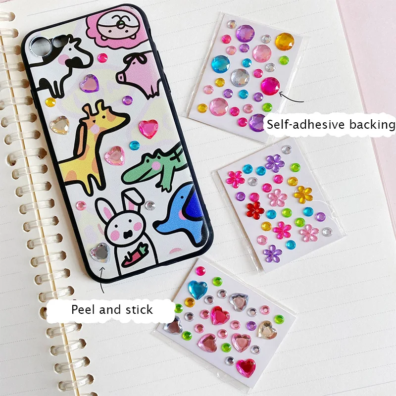 6 Sheets/Set Diamond Self Adhesive Acrylic Rhinestone Sticker Love Heart/ Round/ Flower Shape Handmade DIY Stickers Decoration