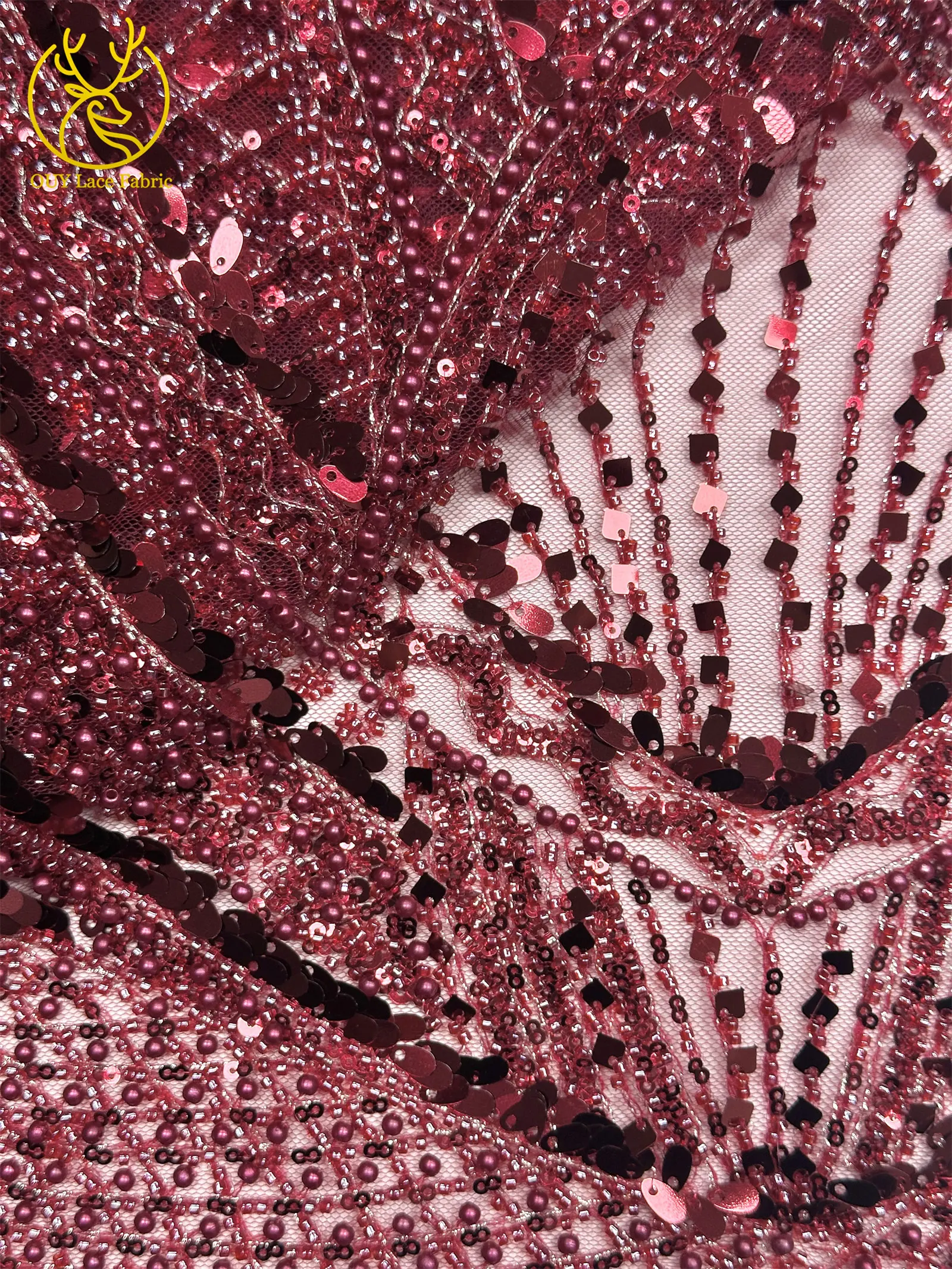 Roter afrikanischer Perlen-Spitzenstoff 2026, hochwertiger französischer nigerianischer Pailletten-Spitzenstoff für Damen, Hochzeit, Party, Kleid, Nähen – Detail 24