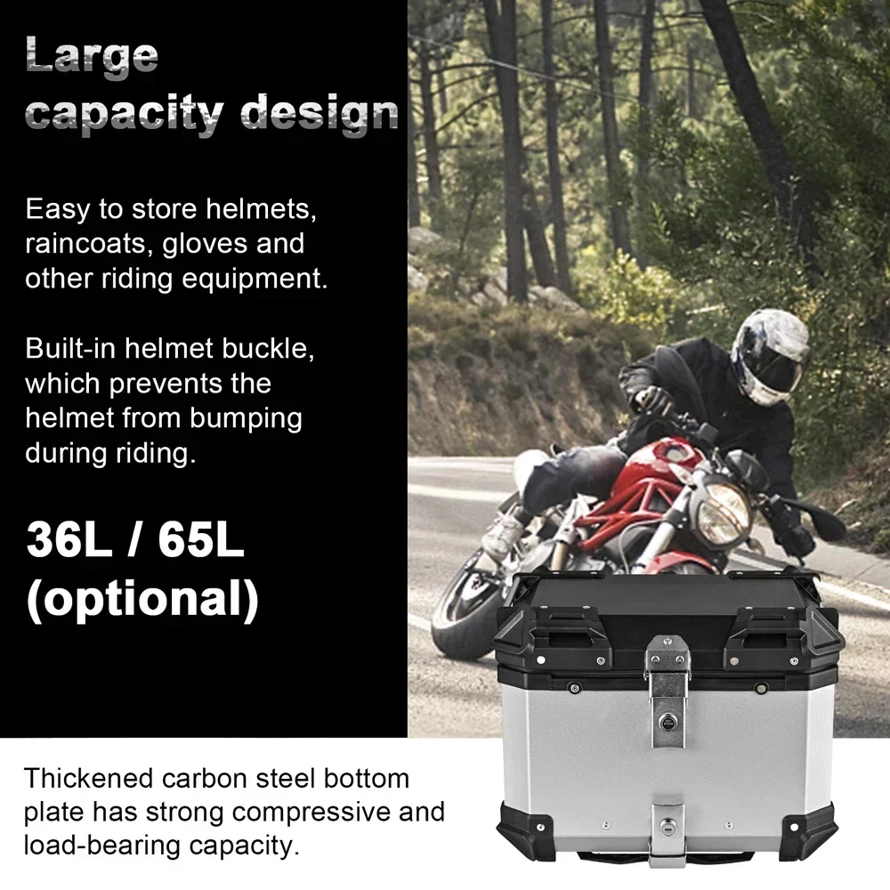 65L Universal Motorcycle Aluminum Rear Trunk Luggage Case Waterproof Tail ToolBox Storage Box with 2 Keys Reflective Sticker