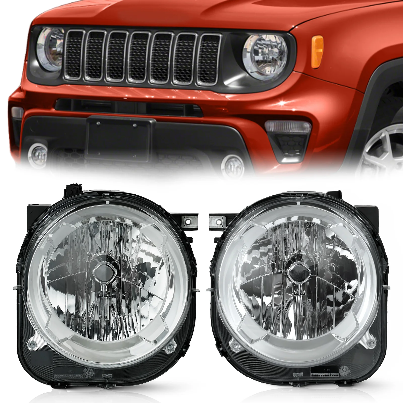 

2pcs Halogen Headlights for Jeep Renegade 2015-2018 Clear Driving Lamp Assembly Left Driver + Right Passenger Side