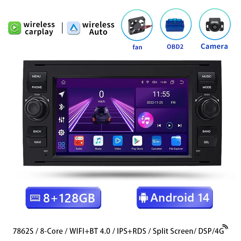 7"2 Din Draadloze Carplay Android 14 Auto Voor Ford Focus 2 Ford Fiesta Mondeo 4 C-Max S-Max Fusion Transit Kuga Galaxy Radio Multimedia GPS 4G Wifi Video Stereo Scherm Hoofdunit
