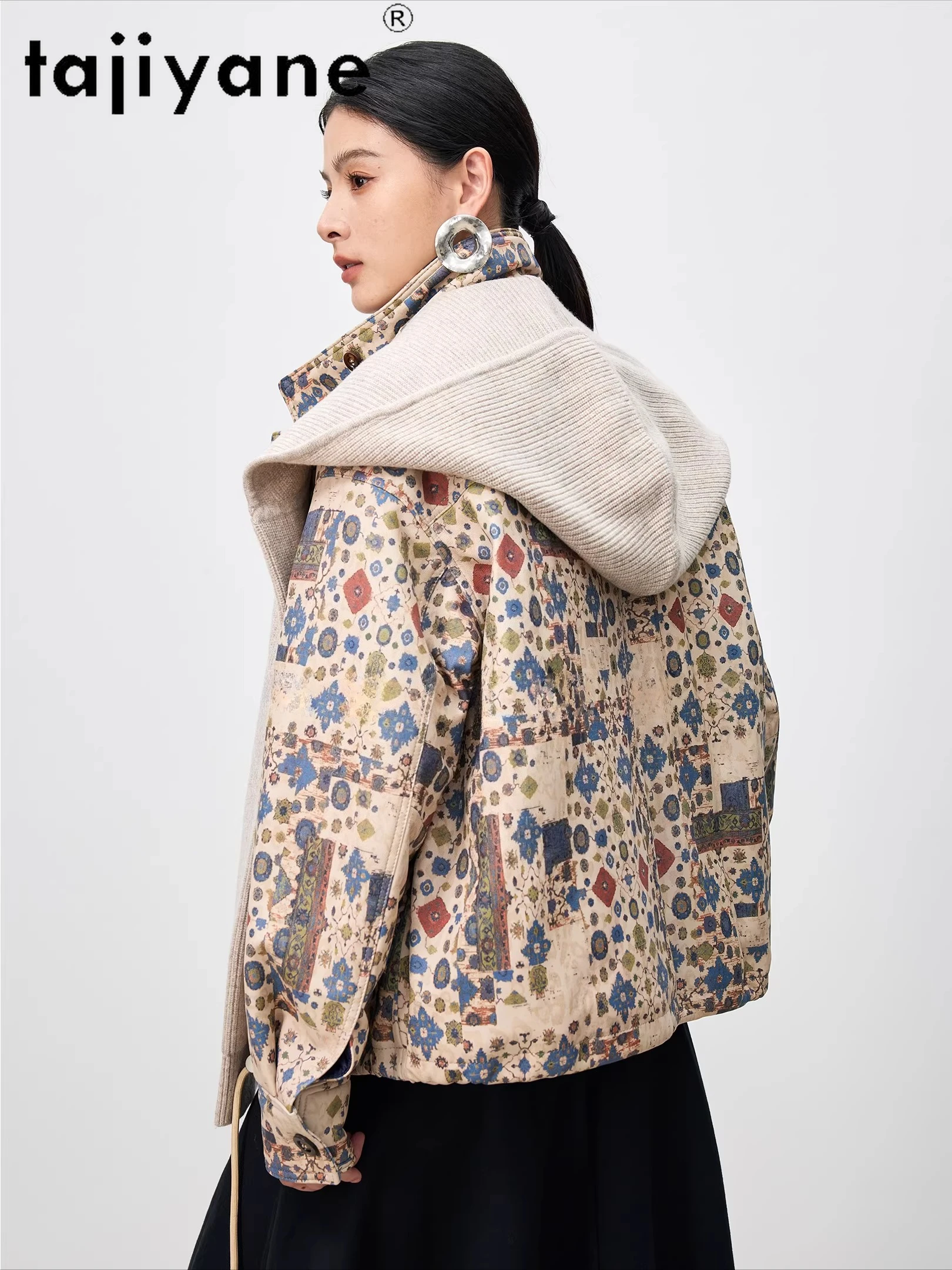 TAJIYANE シープスキン グースダウンコート レディース スタイリッシュ プリント パファージャケット ウール フード付き 本革ジャケット 2025 冬服 롱코트