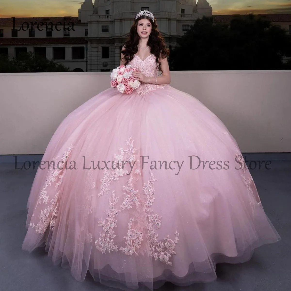 2024 Pink Quinceanera Dress Ball Gown Lace Appliques senza maniche perline Crystal corsetto formale Sweet 15 16 Vestidos De 15 asenos