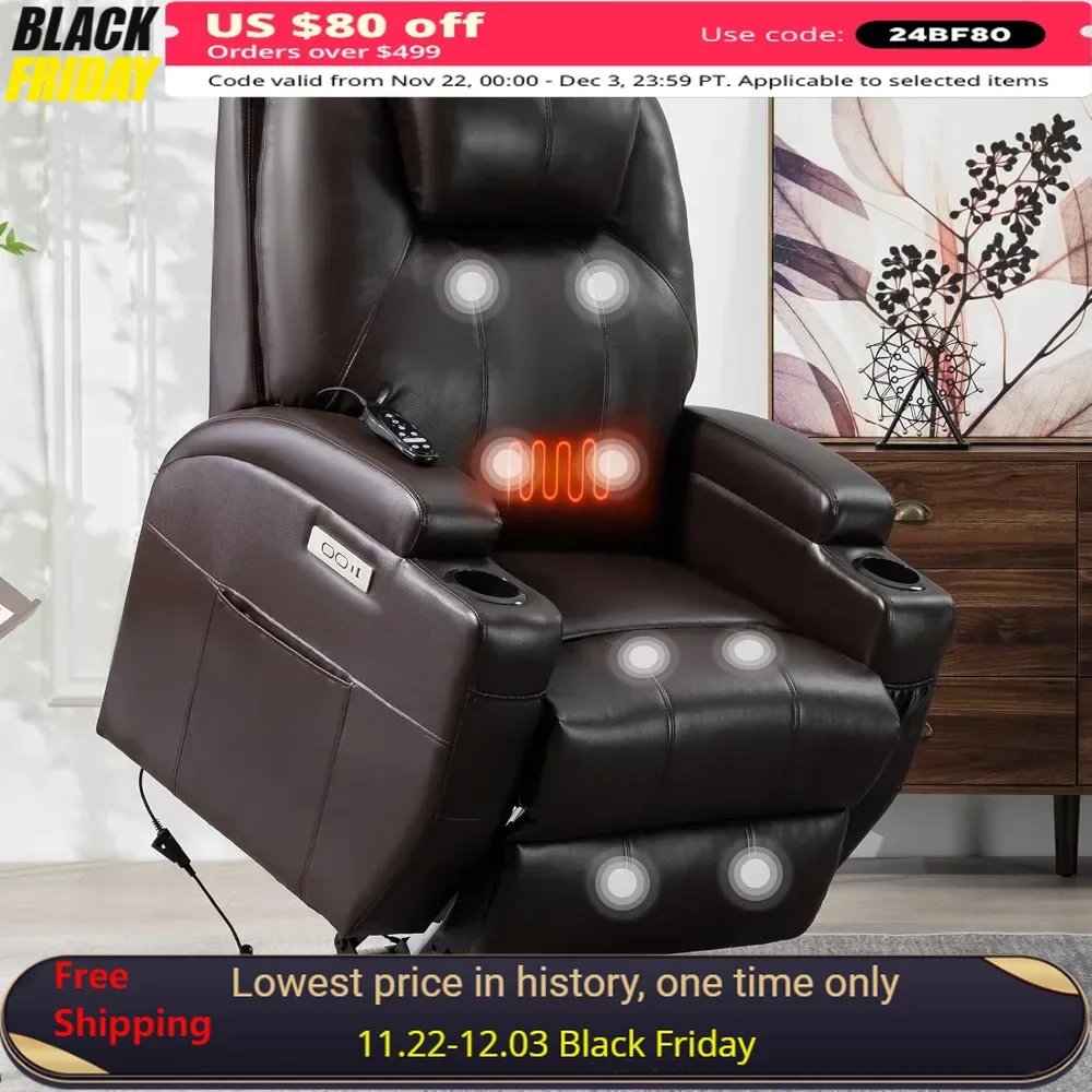 Elderly Friendly Chair with Massage and Heating Function with USB and Type-C Ports, 2 Cup Holders, Elderly Friendly Chair