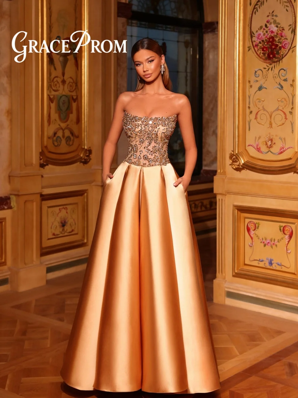 

Popular Diamond Evening Dress 2026 Formal Satin Carpet Gown Elegant A Line Floor Length Party Gown فساتين سهرة