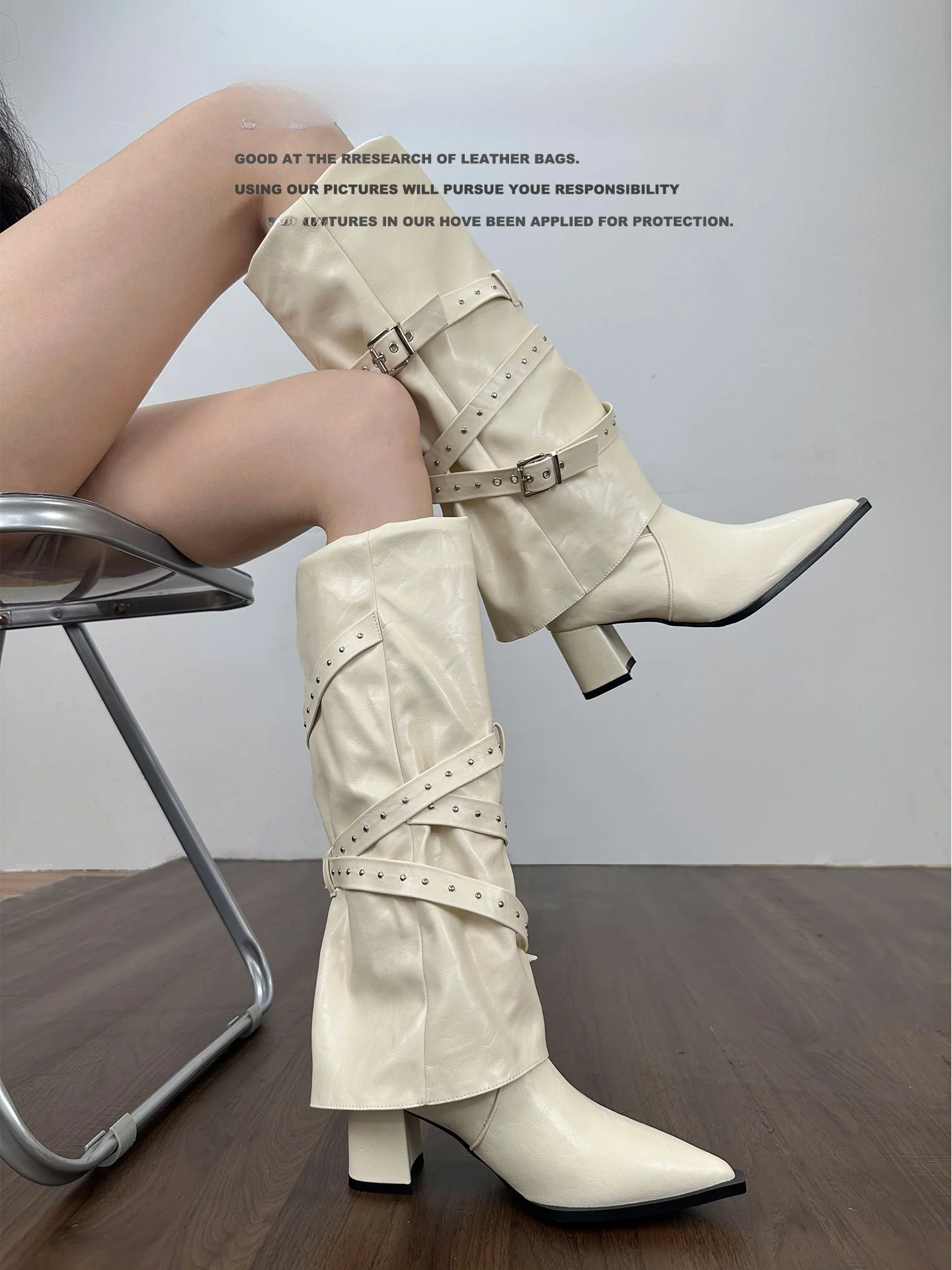 

Fall Winter High-Tube Booties arp-Toe Bule Strap Chunky Heel Faion Boots Korean Sle Glue-Welding Rubber Outsole Boots