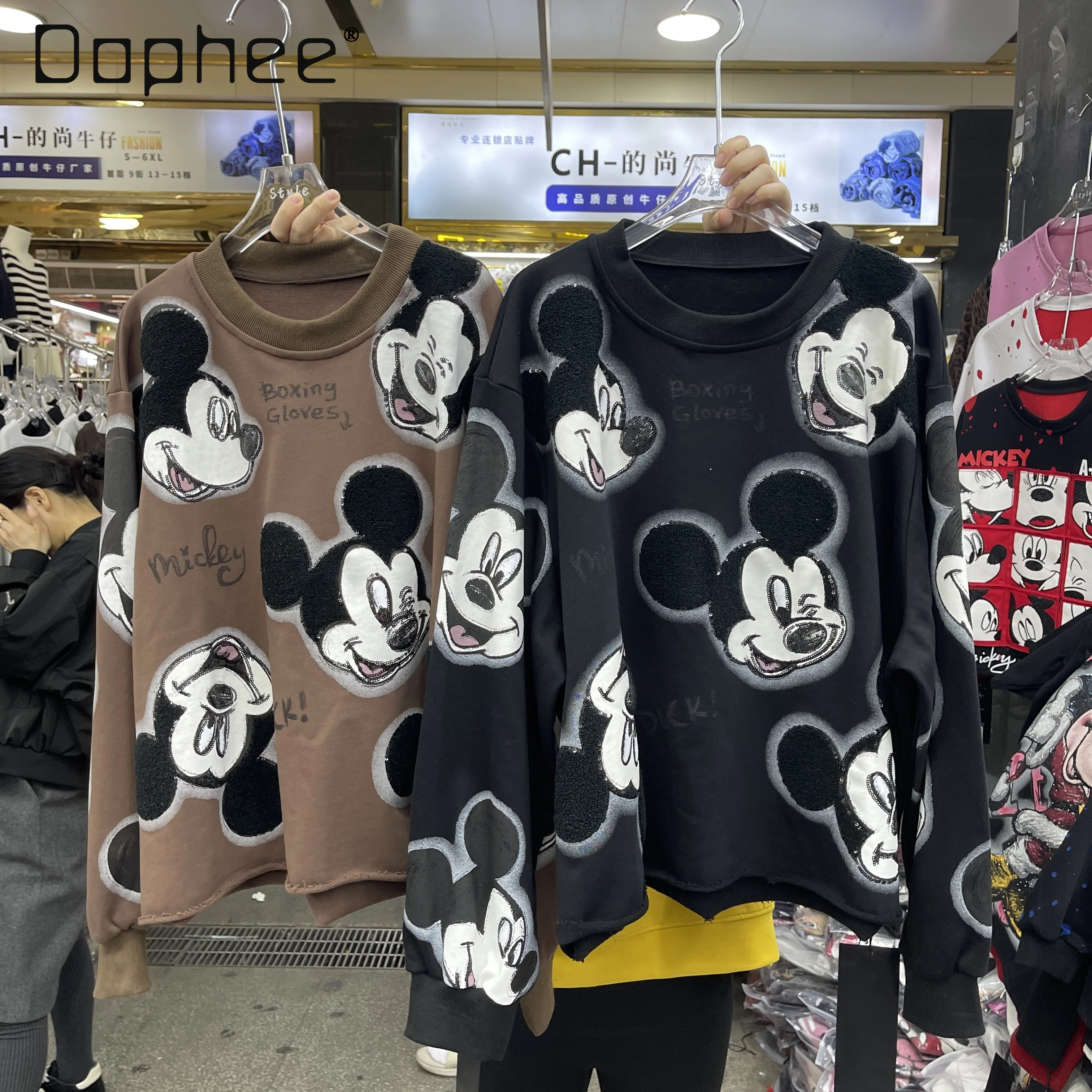 

Fashion Round Neck Sweatshirt Trendy Brand Spring Autumn Heavy Craft Cute Cartoon Print Loose Short Top Kawaii Clothes