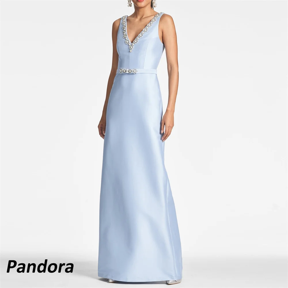 

Pandora V Neck Evening Gown Straight with Back Slit Pearls Beaded Sleeveless Women's wedding Banquet Party Dress