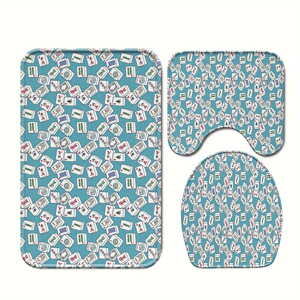 Mahjong Brick Wave Pattern Bath Set Three-Piece Set Toilet Lid and U-Shape Carpet Non-Slip Fun and Cultural Bathroom Decoration