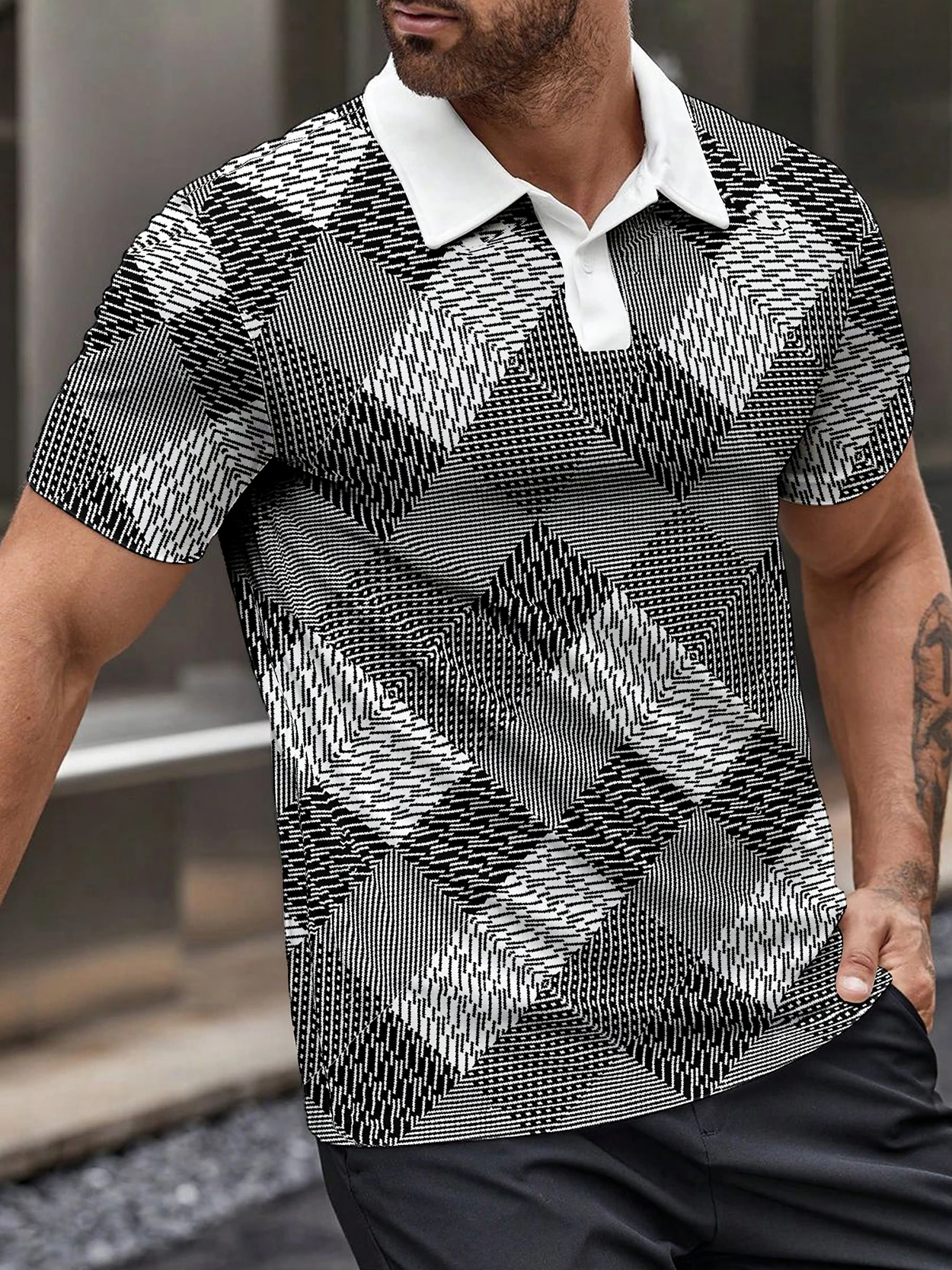 Summer Fashion Line Grid Simple Digital Print European Men's Short Sleeved Polo Shirt Hawaii Beach Leisure Sports Party Street