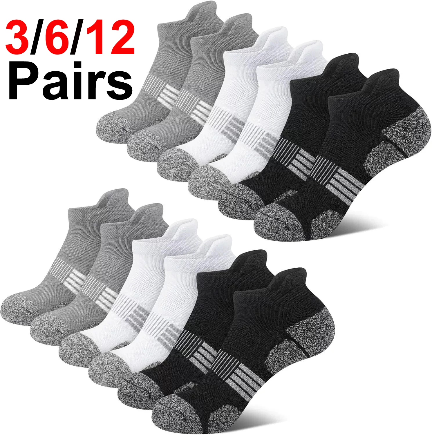 Men's Ankle Socks 6/12 Pairs Pack Black White Grey Heel Tab Thick Cushioned Sweat Wicking Breathable Anti-Slip Running Sports So
