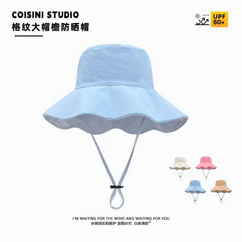 Summer New Fashion Double-sided Wear Color Matching Plaid Big Brim Bucket Hats for Women Outdoor Sunscreen Drawstring Sun Hat