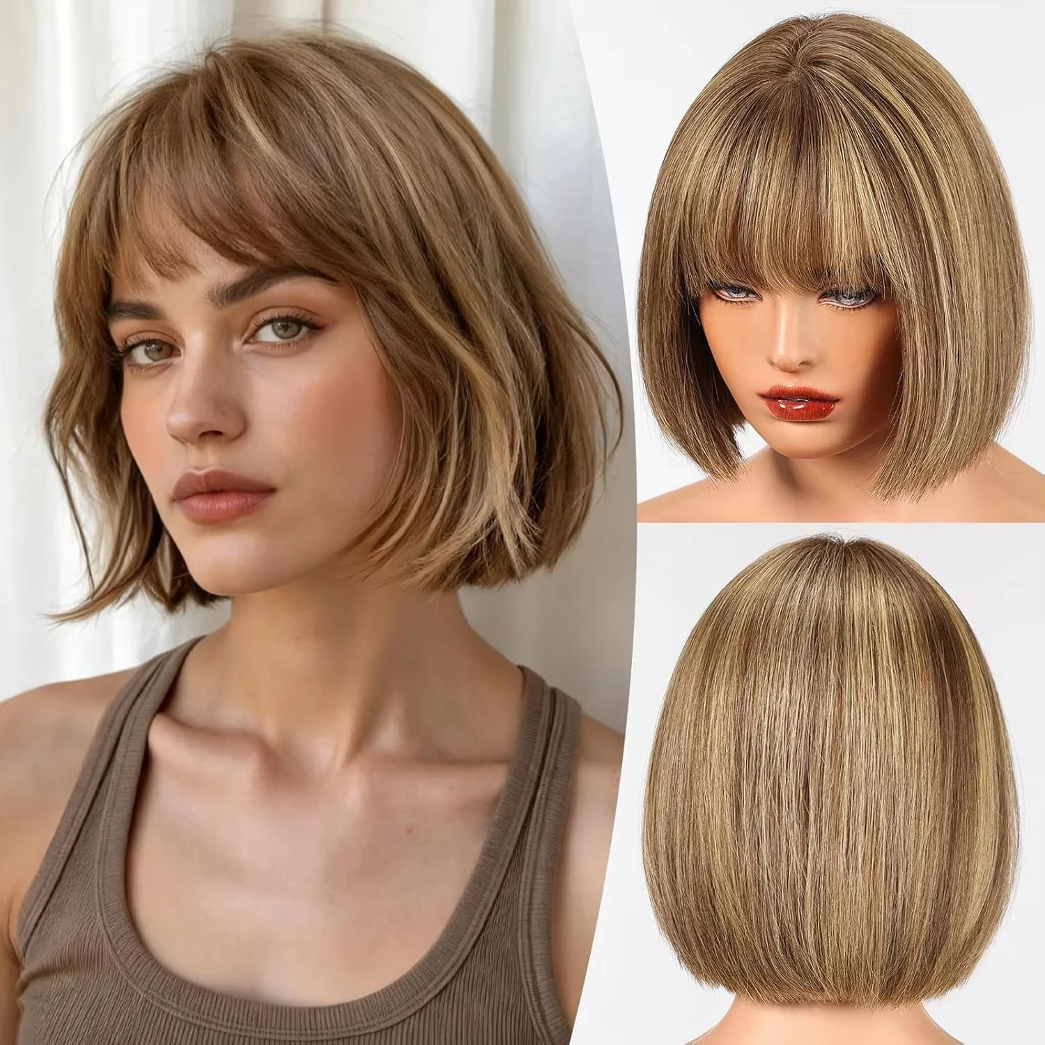 Brown Highlight Golden Real Human Hair Wigs for Women with Bangs 10inch Straight Bob Natural Soft 100% Human Hair Wig Daily Wear