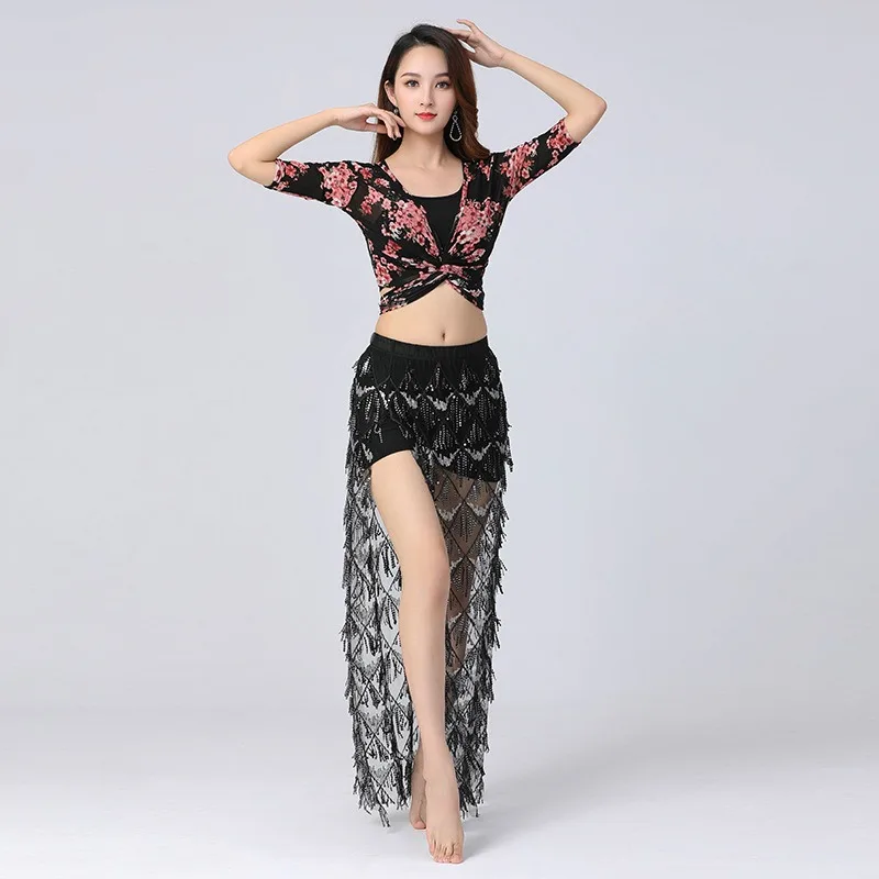 カスタマイズされた大サイズのベリーダンス練習スーツセットメッシュ花トップタッセルスパンコールパフォーマンススカートインド服女性