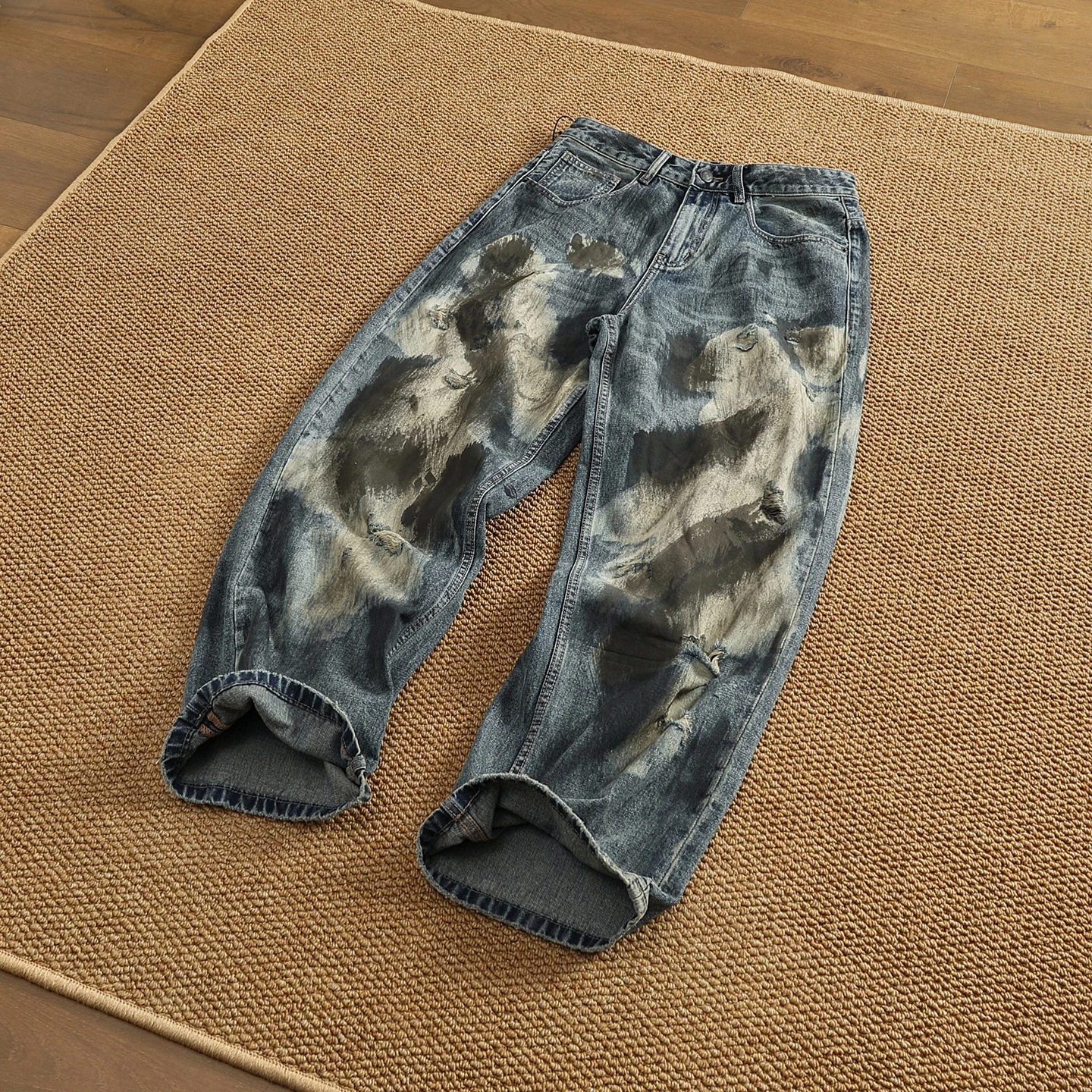 

American Streetwear Loose Fit Straight-Leg Denim Pants Men's Artisan Ink Splatter Heavy Washed Weighty Raw Hem Jeans