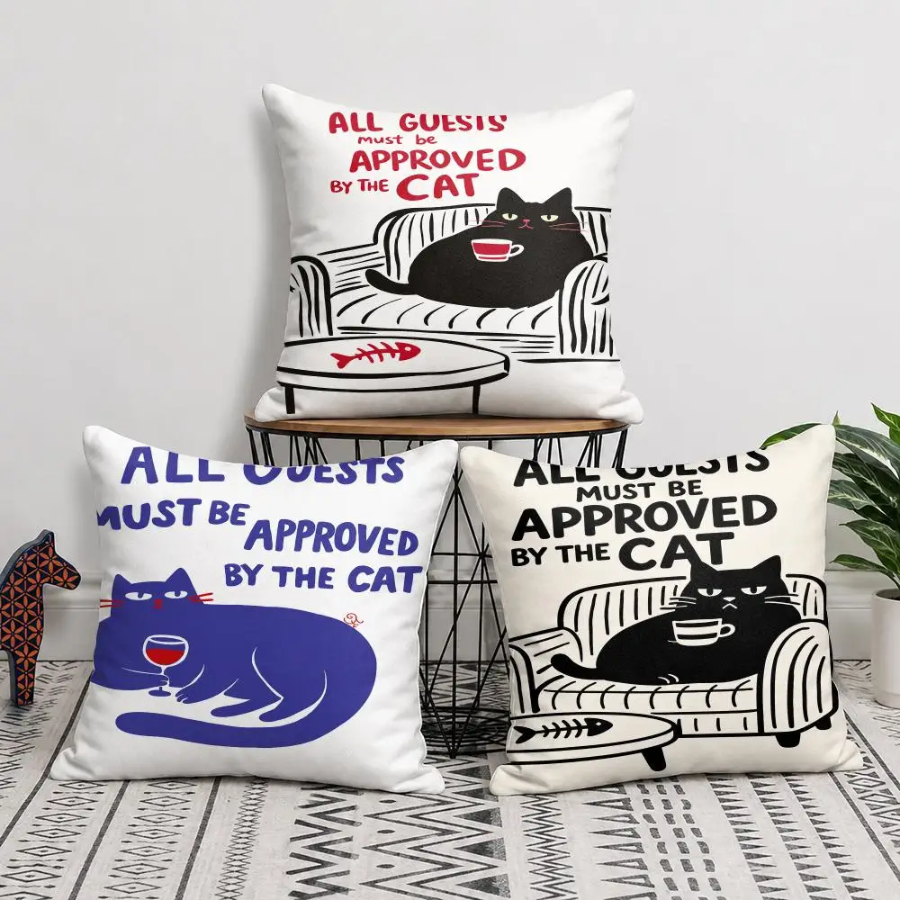 Funny Cat Guest Approval Cushion Cover Silky Short Plush Invisible Zipper Dustproof Sofa Pillow Case For Home Decor