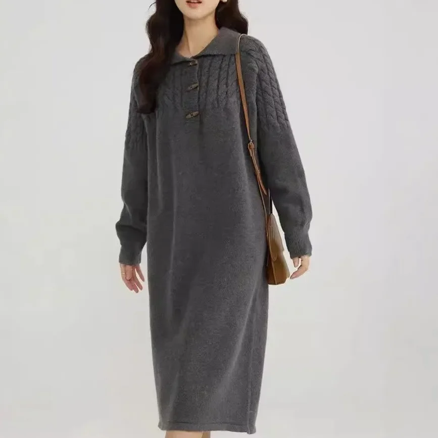 

Twist sweater in the long dress female lapel autumn and winter Korean loose lazy wind fashion temperament slim Joker knit dress.