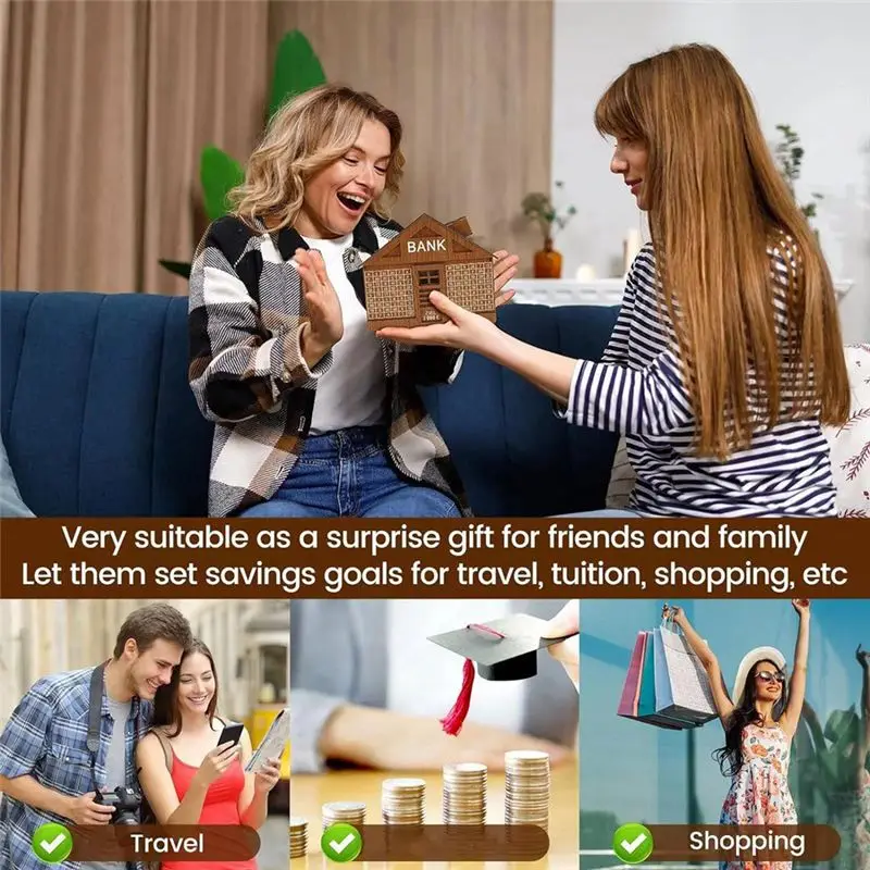Leading-Wooden Piggy Bank For Adult Kids Money Box With Counter Money Saving Tin Reusable Money Box