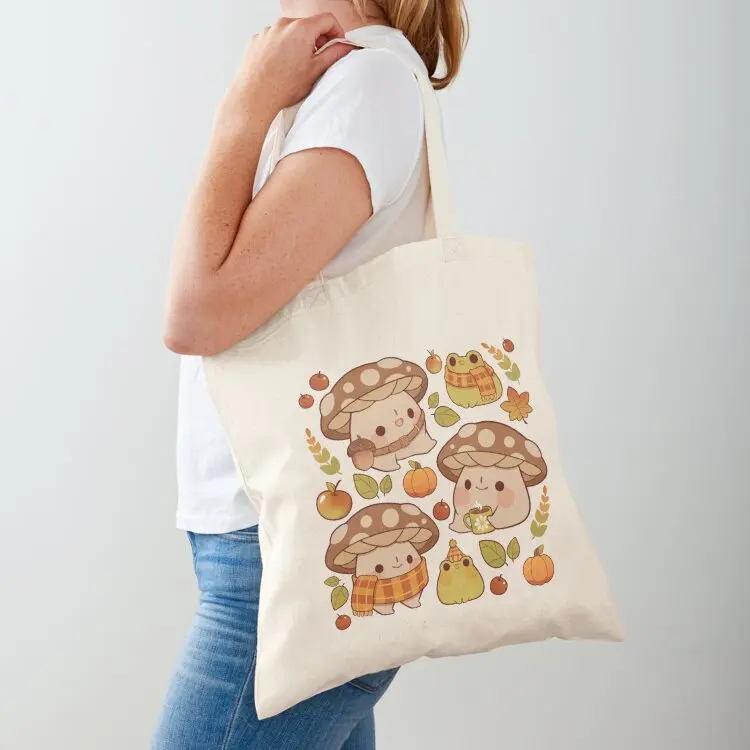 Cute mushroom and froggie fall - green Tote Bag