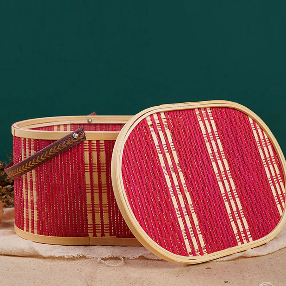 

Oval Bamboo Storage Basket Box Portable Swing Handle Woven Organizer for Clothes Household Storage Decorative Basket