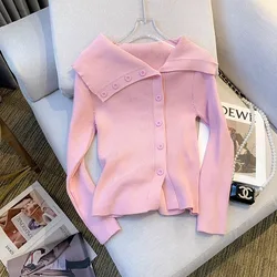 YuooMuoo Chic Fashion swetry z odkrytymi ramionami damskie jesienne miękkie z długim rękawem jednorzędowe pulowerowe topy Steetwear koszule damskie