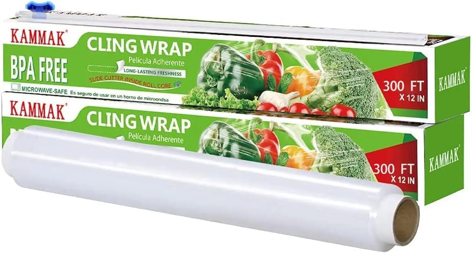 Food Wrap with Slide Cutter, Clear Cling Film 2 Pack 300 Square FT Roll BPA-Free Microwave-Safe Kitchen Plastic Wrap