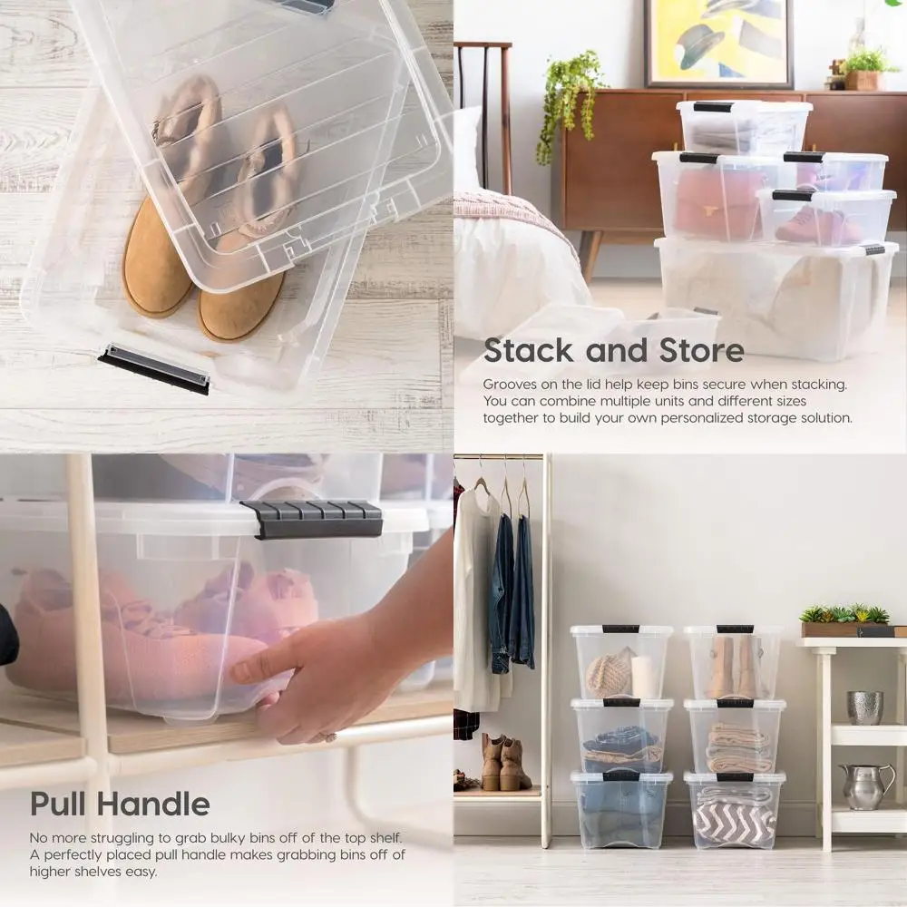 

Stackable 32 Qt Clear Plastic Storage Bins with Lids (4-Pack) - BPA-Free, USA Made, Durable & Nestable, Secure Pull Handle