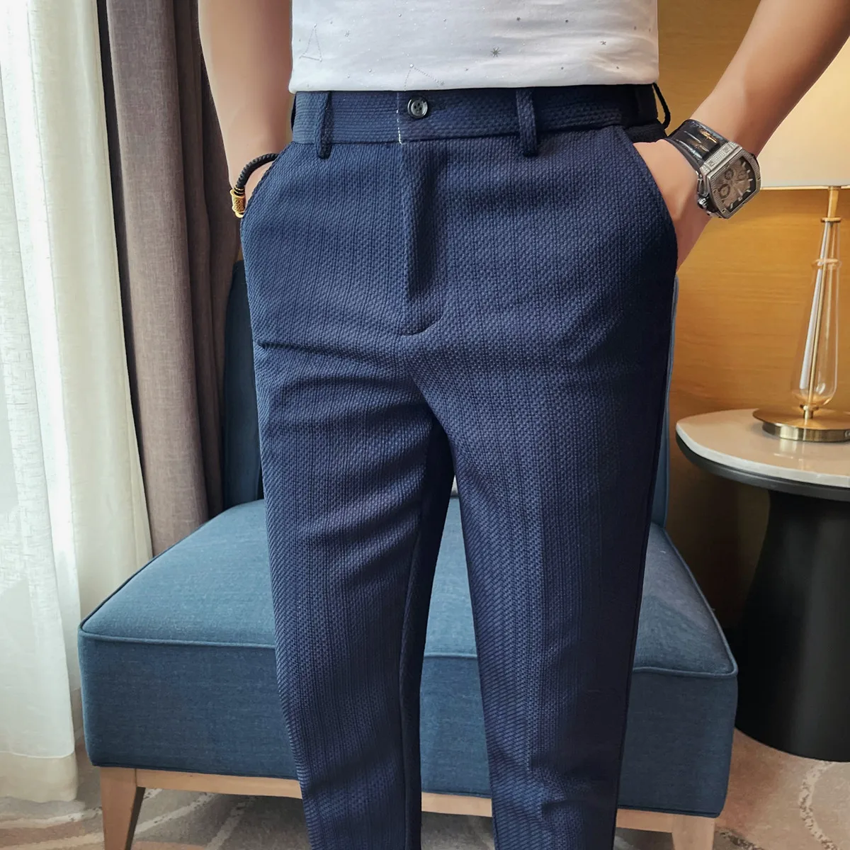 

Spring New Men Suit Pants Korean Fashion Ankle Length Men's Dress Pants Slim Fit Business Casual Formal Wear Thin Trousers Man