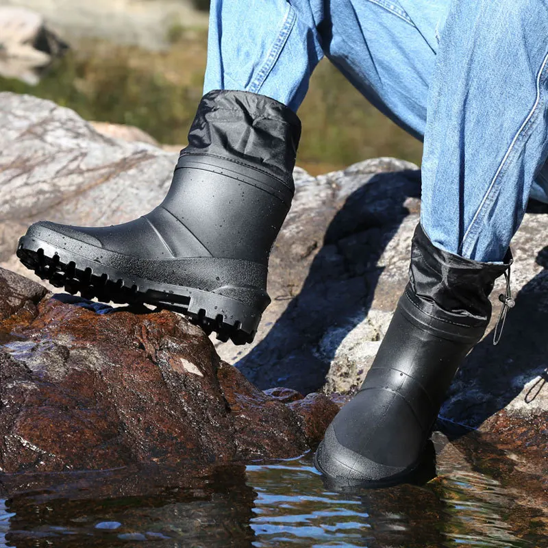 Men's rain boots waterproof shoes non-slip fishing shoes water boots cotton cover silicone shoes mid-tube rain boots for men