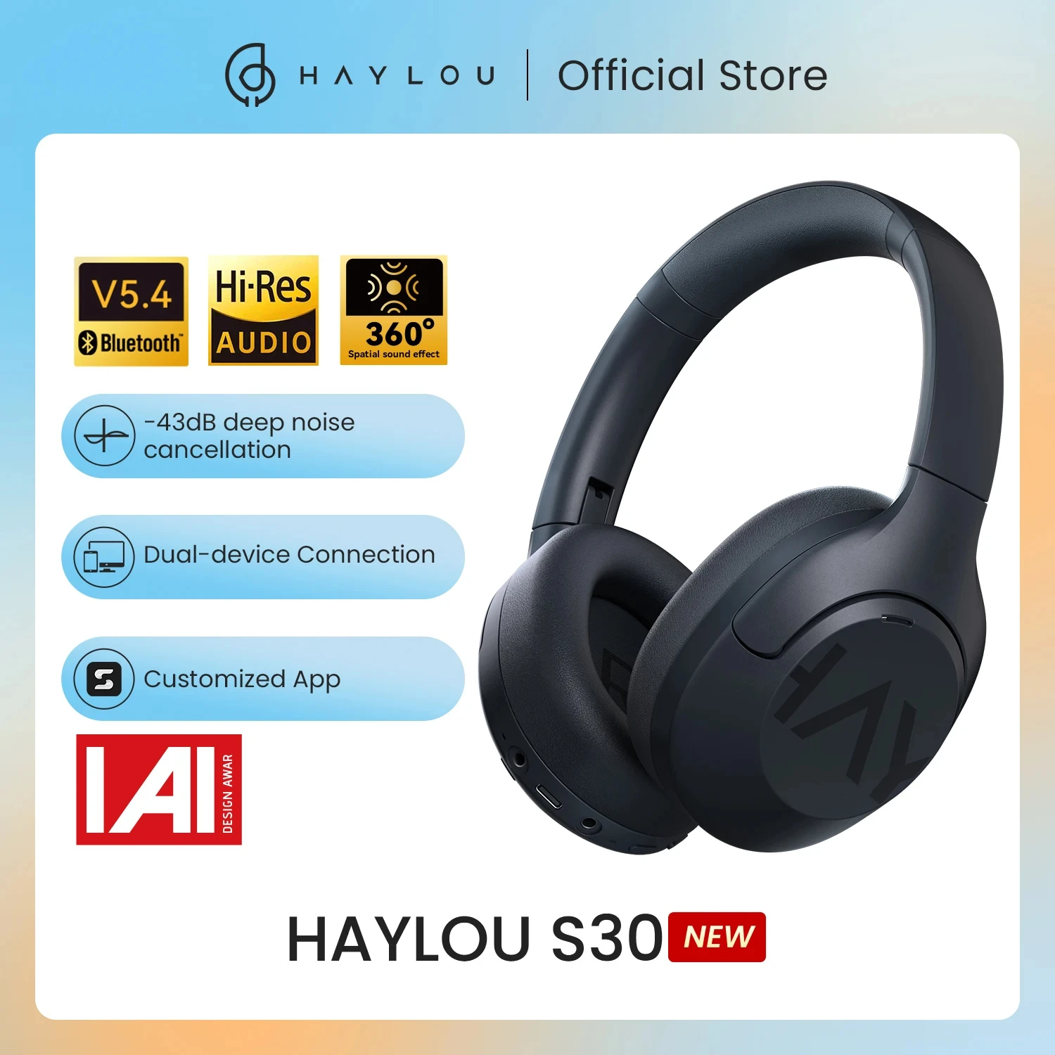 HAYLOU S30 Wireless Bluetooth 5.4 Headphones 43dB Adaptive Noise Cancelling Headsets 40mm Driver 80H Playtime Earphones