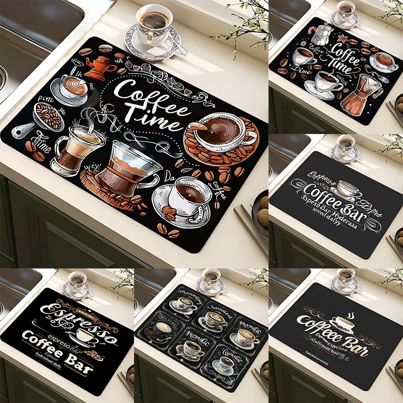 Vintage Coffee Time Print Super Absorbent Drying Mat Waterproof Kitchen Counter Coffee Maker Drain Pad Decor Placemat