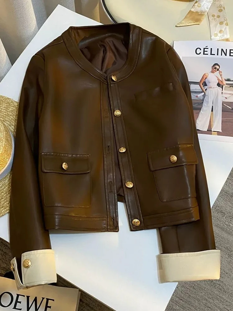 

Vintage Pu Leather Jacket Women Autumn Long Sleeve Streetwear Button Crop Coats Y2K Harajuku Korean Solid Simple Retro Outwear