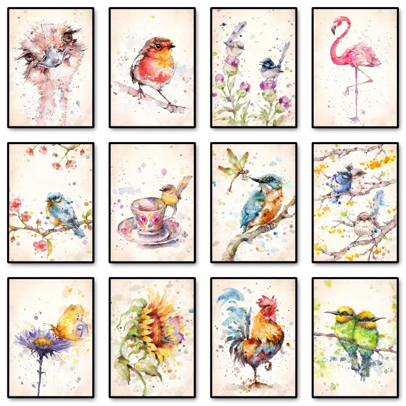 Birds and Nature Canvas Paintings Water Colour Art Posters and Prints Flamingo Wall Art Pictures for Living Room Decor Cuadros