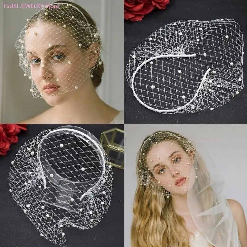 62KE Mesh Forehead Pearl Veil Headband Women Wedding Ceremony Headband Short Veil for Bride Bridal Veil Wedding Accessories