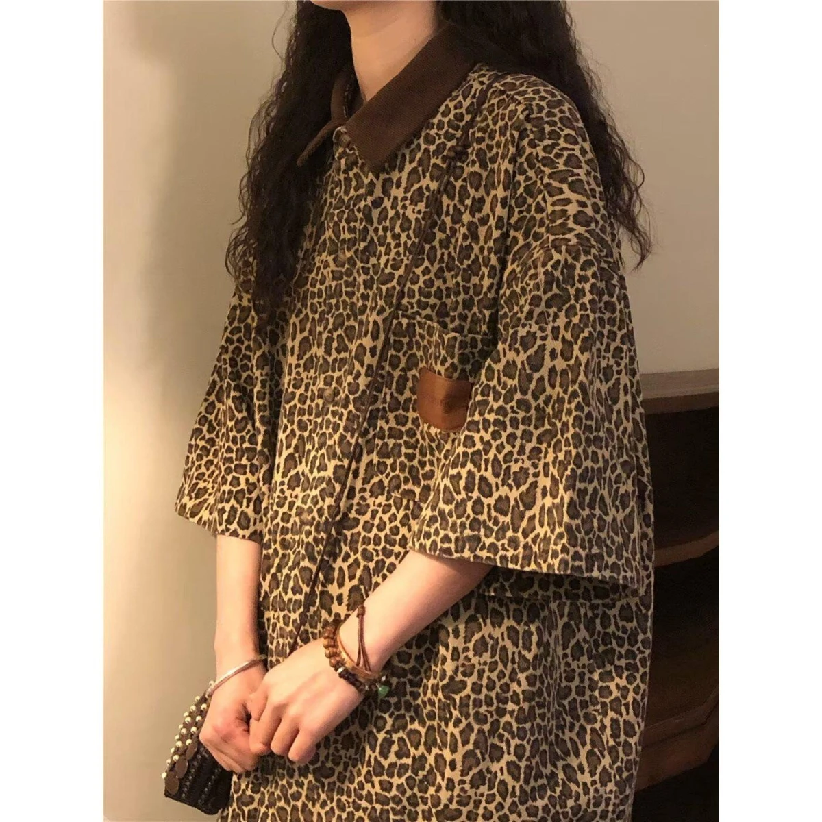Summer Thin Leopard Print Patchwork Short Sleeve Shirt Unisex Japanese Retro Style High Street Design Sense Top Trendy