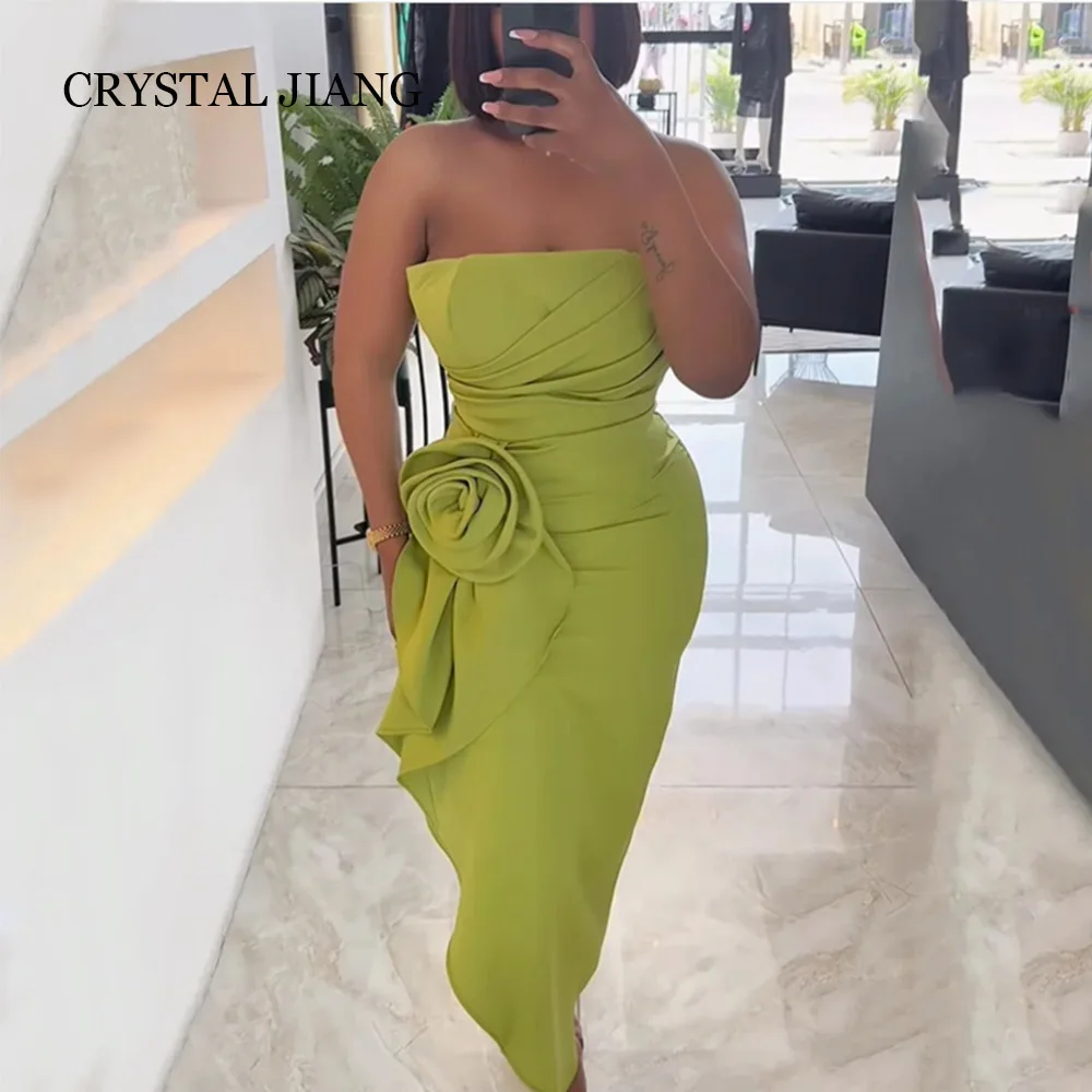 Customized Long Green Strapless Spandex Evening Dresses Sleeveless with Handmade Flowers Sheath Tea Length Vestidos De Fiesta