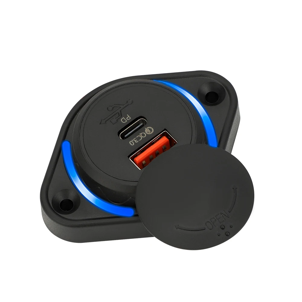 QC3.0+PD Car Charger Dual USB Adapter 12-24V Waterproof Fast Charging Soacket Power Adapter Switch for Car Truck Boat ATV RV