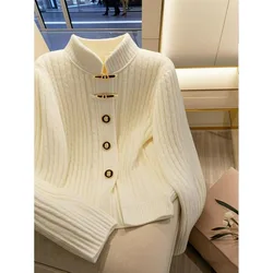2024 Autumn New Knitted Sweater Cardigan Stand-up Collar Women's Unique Solid Color Loose Long-sleeved Chic Ins Top