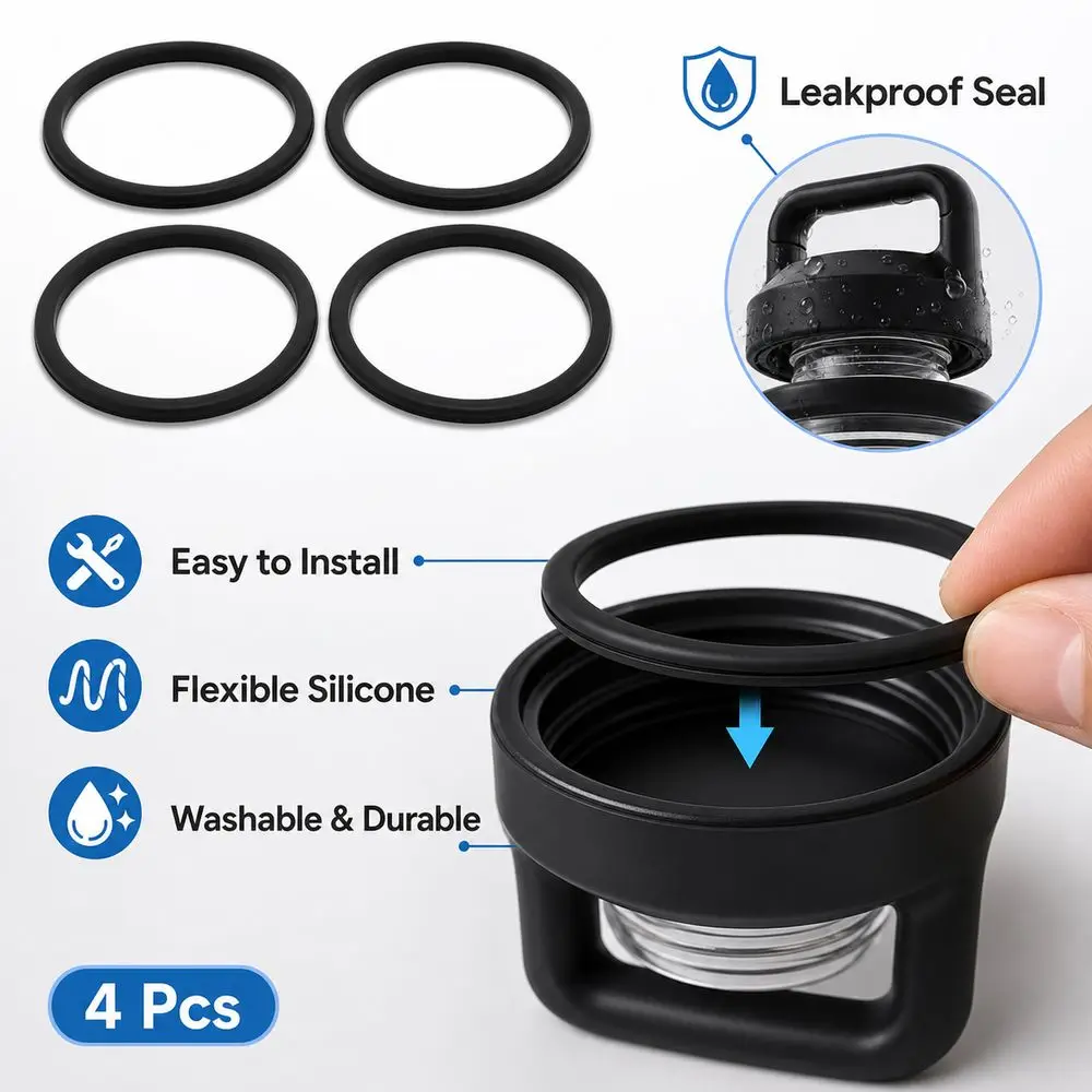4Pcs New Silicone Bottle Lid Sealing Rings Leakproof Black Water Bottle Gaskets Flexible Easy to Clean Cup Lid Gaskets Travel