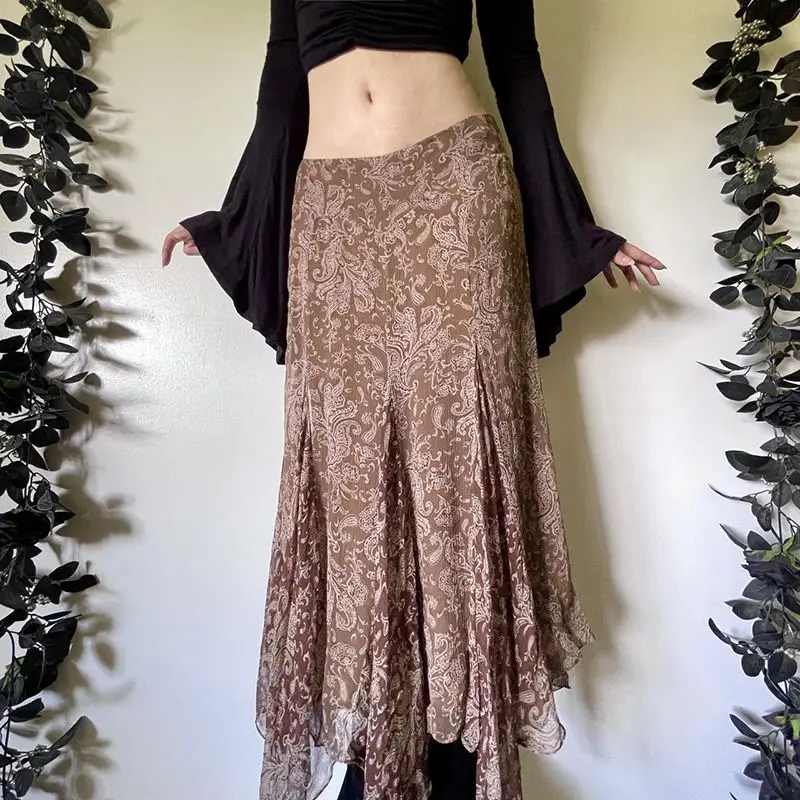 Y2K กระโปรงพิมพ์ลายย้อนยุคผู้หญิงสไตล์อเมริกันกระโปรงยาวตาข่ายบางเฉียบ, กระโปรงแม็กซี่กระโปรงยาวเอวต่ำไม่สมมาตร