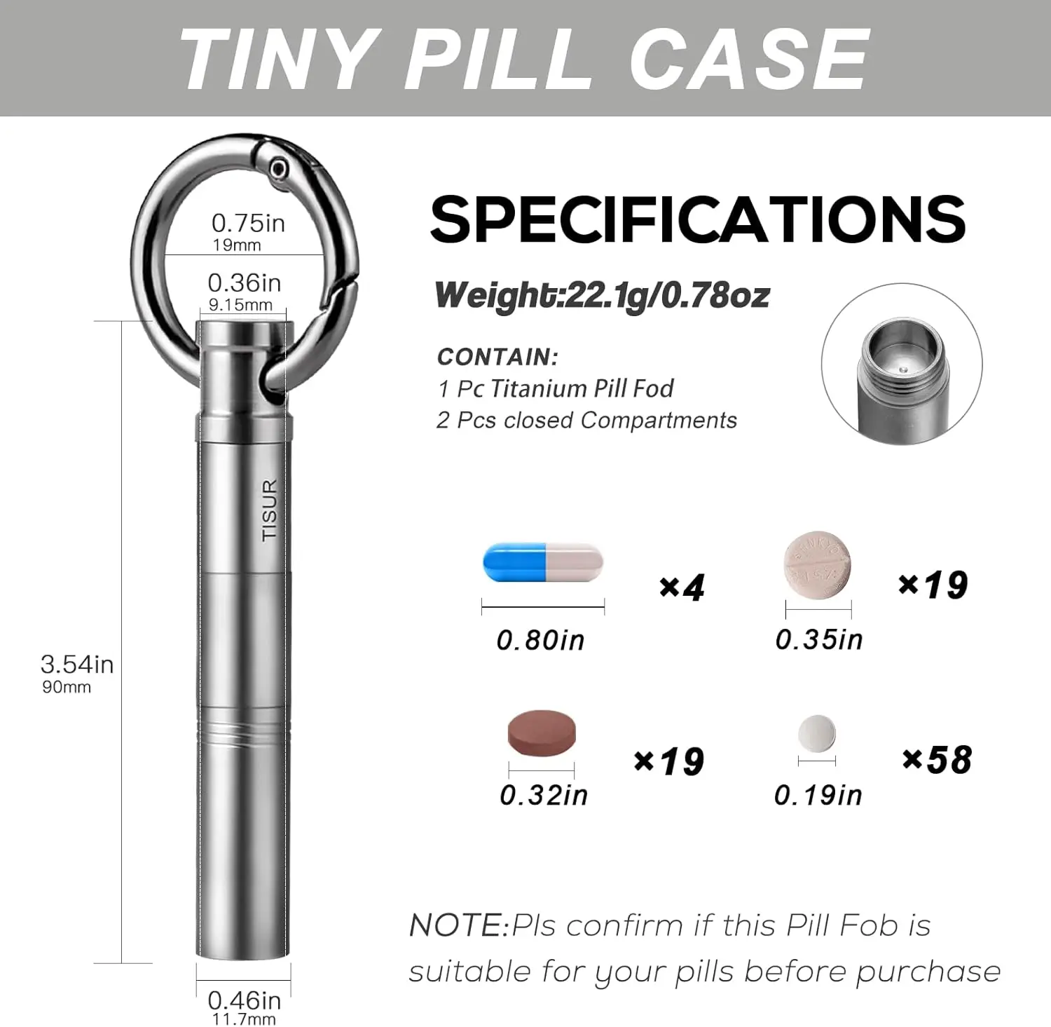 keychain Pill Holder, titanium Metal Travel Pill Case Portable Pill Organizer Container for Purse Waterproof EDC Medicine Bottle