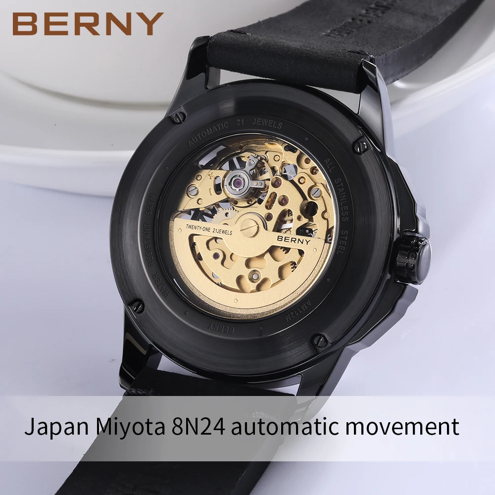 BERNY Men Automatic Self Winding Watch BERNY 8N24 Skeleton Mechanical Watches Luxury Steampunk Luminous Waterproof Wristwatch