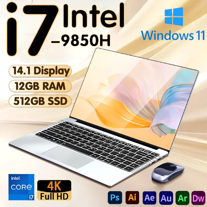 

NEW Arrival Intel i7-9850H Slim Office Laptop 14.1 Inch Windows 11 Pro 12GB RAM 512GB 1TB SSD 1920*1080 Office Study Computer PC