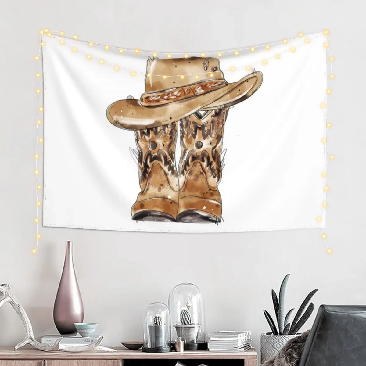 Cowboy boots.cowboy hat.watercolor illustration Tapestry Funny Room Decorator Cute Room Things Tapestry