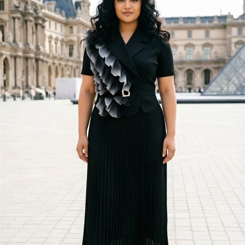 ANLAN Short Sleeve Ruffle Nothced Collar Pleated Fake Two Piece Women's Dress Elegant Belted Midi Dresses Formal Wear 5AN1302