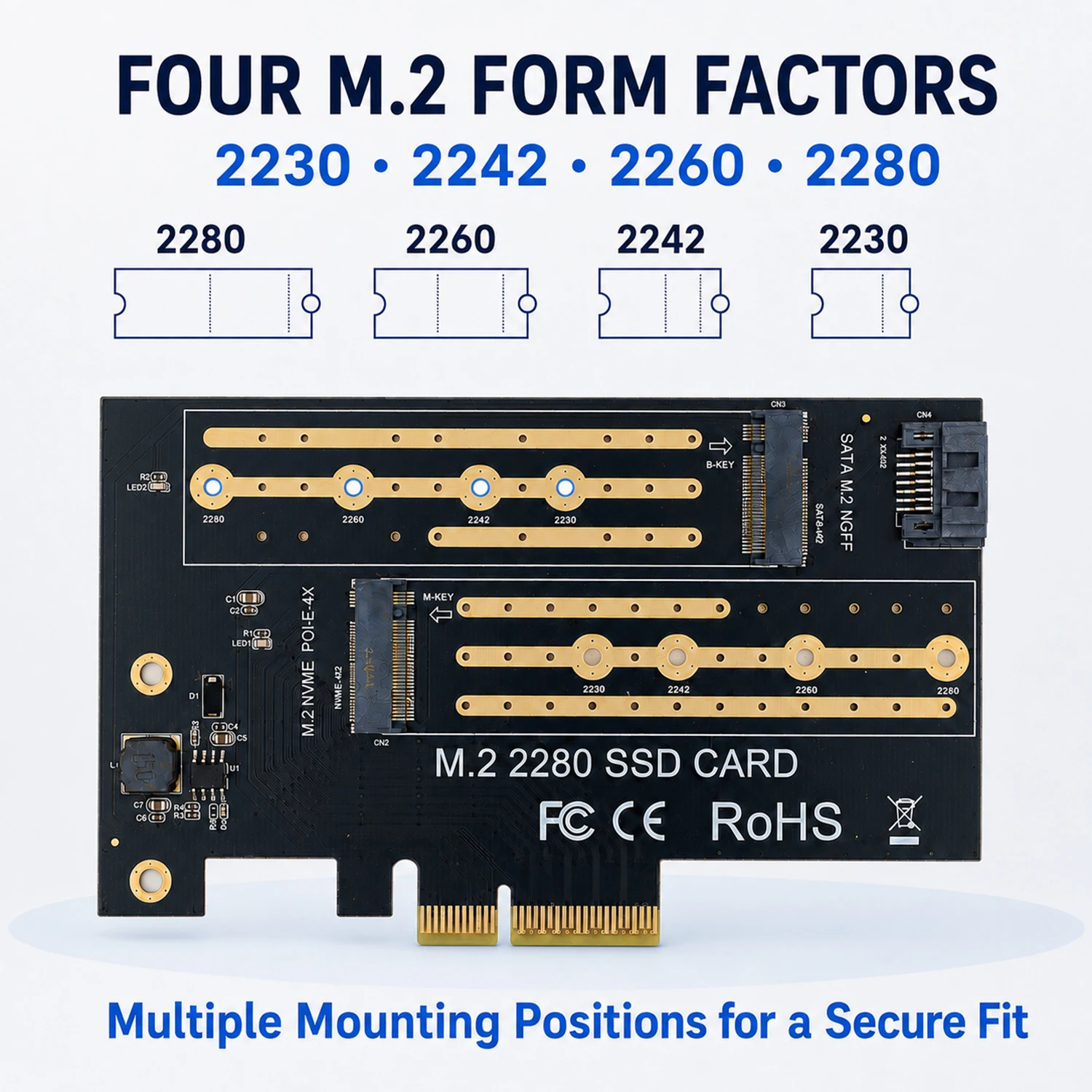 M.2 NVMe SSD Adapter Card, PCIe X1/X4 Models plus SATA NGFF X4 Option, 2230-2280 Size Options for Desktop PC Expansion
