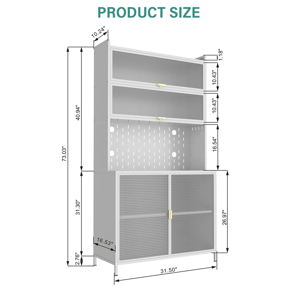 73 ''สูงห้องครัว Pantry ตู้ 6 ระดับพลิกประตู Pegboard โลหะ Pantry ตู้ Anti-TIP Design Hutch สําหรับห้องครัว